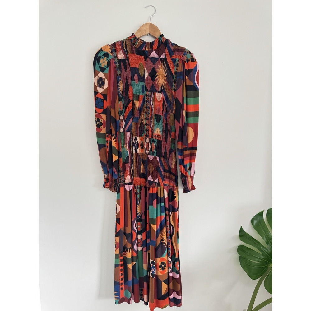 Farm Rio Dress Womens Small Tropical Geo‎ Smocked Midi High Neck Puff Sleeve - Picture 10 of 10